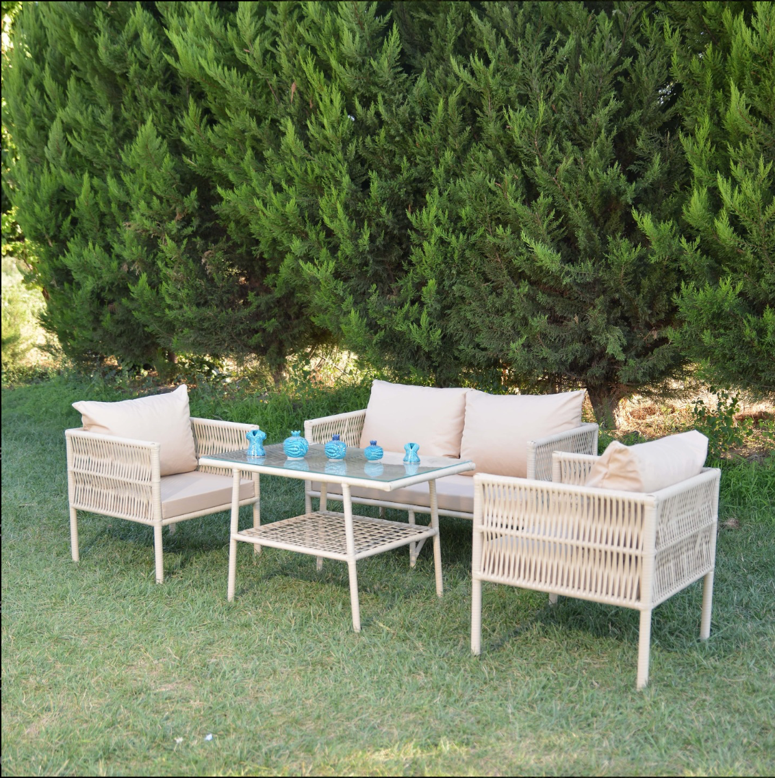 Kuzey Rattan Oturma Takımı 2+1+1+Sehpa - Krem