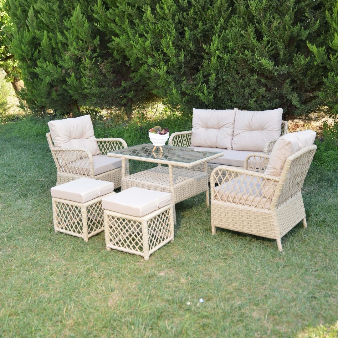 Mars Rattan Oturma Takımı 2+1+1+Sehpa Puflu - Krem